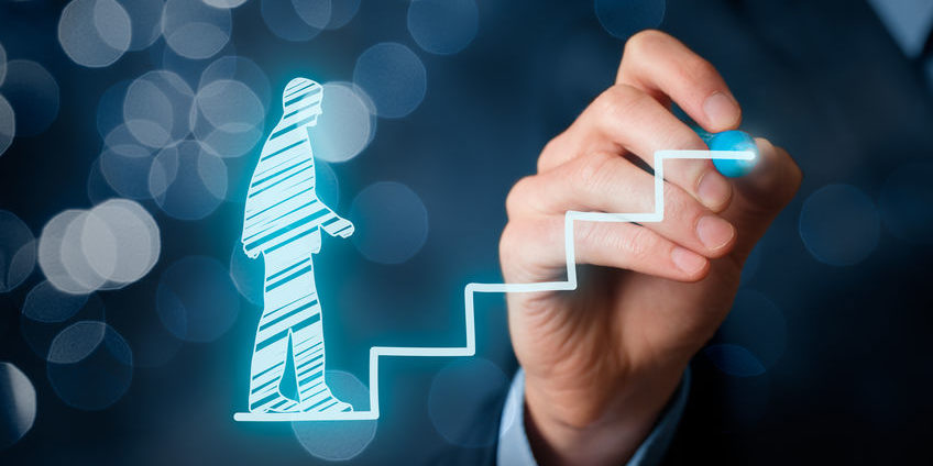 A hand drawing a man going up a flight of stairs.