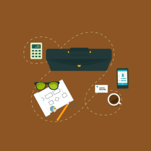 A stylized illustration of various objects, including a calculator, briefcase, cellphone, mug of coffee, business card, glasses, piece of paper, and pencil.