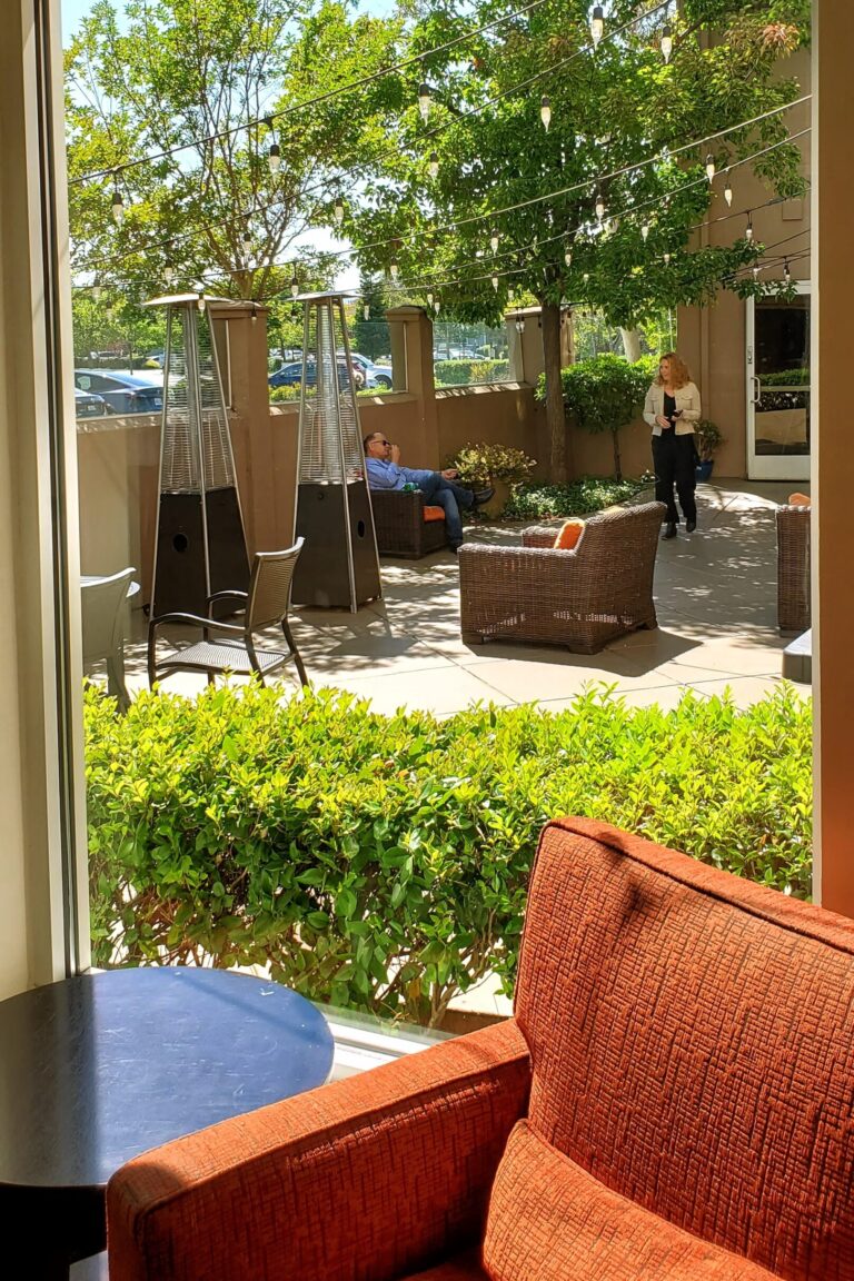 The outdoor space at the hotel during a CEC in-person seminar.