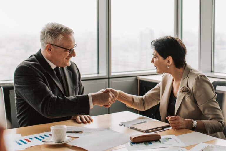 Two professionals shaking hands with each other.