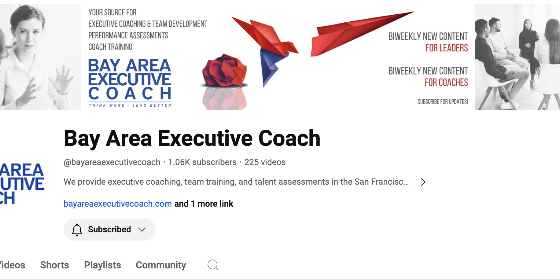 A photo of the Bay Area Executive Coach YouTube channel homepage.