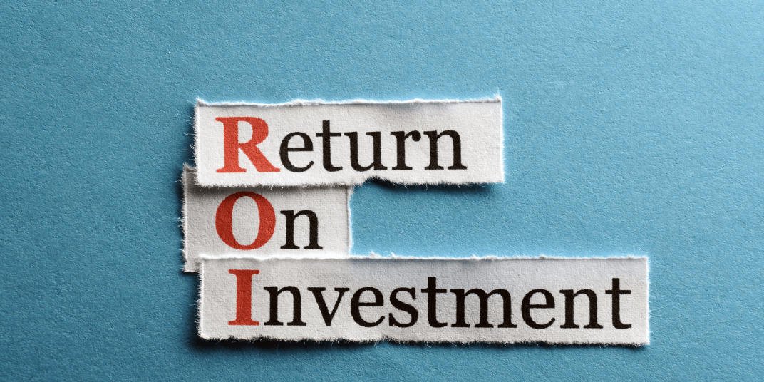 Three torn strips of paper on a blue background, assembled to say "Return On Investment." The first letter of each word is red, spelling "ROI."