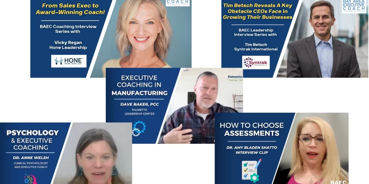 A collage of YouTube video thumbnails of different executive coaches.