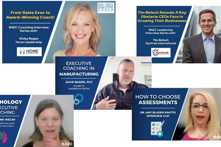 A collage of YouTube video thumbnails of different executive coaches.