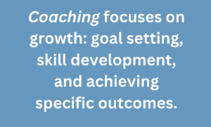 A graphic text that says, "Coaching focuses on growth goal setting, skill development, and achieving specific outcomes"