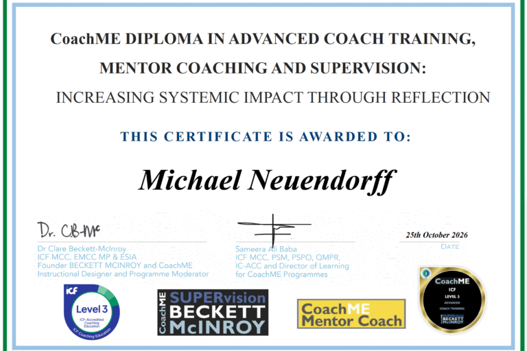 On October 25, 2026, Michael Neuendorff officially completed an ICF-accredited Level 3 program with Beckett McInroy. This renowned program which counts for 132 hours incorporated coaching skills training, mentor coaching, mentor coaching instruction and a certificate in coach supervision. As Michael put it, "This was an incredibly rich program with numerous elements to expand my awareness of what great coaching, mentoring and supervision looks and feels like. I'm grateful to the many fantastic instructors who shared their knowledge and experience with me, and I especially want to acknowledge the contributions of Clare Beckett, Caroline Beckett and Katie Drescher." Now that Michael has completed this Level 3 program, he will prepare his submission to the ICF for his MCC credential. Earning this credential has been Michael's aspiration for many years and the time has now come to find out if he'll join the ranks of Master Certified Coaches. Michael began his coaching career as a business coach in 2008. Since then he has also been a sales coach, a public speaking coach and now an executive and team coach. He has always remained dedicated to excellence in his craft and continues to invest in developing his skills to serve clients. According to official ICF data, there are about 2,500 MCCs globally. This constitutes close to 5% of credentialed ICF coaches. To learn more about the ICF MCC credential, reference the ICF's website.